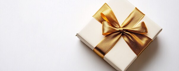 Poster - Elegant white gift box with a gold ribbon is laying on a white background