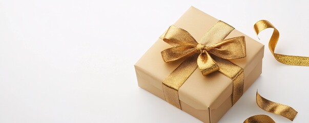 Poster - Golden gift box with a golden ribbon bow, ideal for special events and festivities, set against a white backdrop
