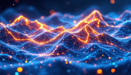 Poster - Abstract neon digital landscape with glowing lines and dots