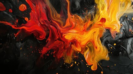 Poster - Vibrant Abstract Art with Swirls of Red, Yellow, and Orange on a Dark Background, Showcasing Energetic Movement and Fluid Dynamics in Vivid Colors