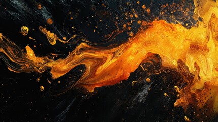 Poster - Dynamic Flow of Vivid Orange and Yellow Abstract Fluid Art with Dashes of Black and Gold, Symbolizing Energy and Creative Motion in a Modern Artistic Style
