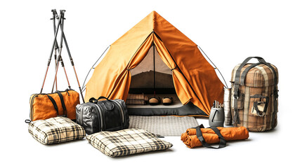 orange camping tent with accessories including backpacks, pillows, and hiking poles, all set against