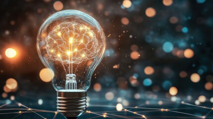 Poster - Bright Light Bulb with a Glowing Brain Design Symbolizing Ideas, Innovation, Technology, and Creativity in a Soft Focus Background of Dazzling Bokeh Lights