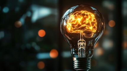 Poster - Creative Concept of a Bright Light Bulb Representing Innovative Ideas and Ingenious Thoughts within a Human Brain Illustration in a Modern Setting