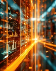 Fototapete - Dynamic glowing data visualization interface with orange digital graphics