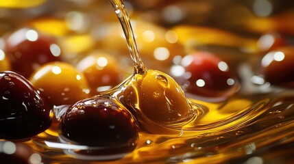 Poster - Close-Up View of Golden Oil Droplets Gliding Over a Reflective Surface Creating Elegant Swirls in Various Shades of Amber and Brown