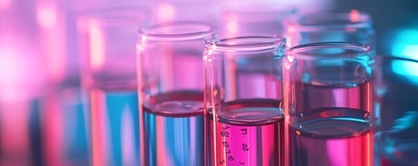 Aufkleber - Colorful liquid-filled laboratory glassware illuminated by neon pink and blue lights on a table