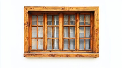 Poster - Wooden Window Frame with Multiple Panes Overlooking a Bright Wall, Showcasing Natural Wood Grain and Classic Design in a Beautiful Architectural Element