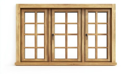 Poster - Elegant wooden window design featuring three panels with geometric grids, ideal for a modern or rustic interior atmosphere, allowing ample natural light to enter.