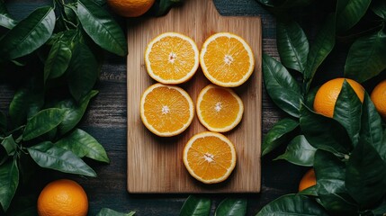 Poster - Arrangement of sliced oranges on a wooden cutting board with fresh green leaves