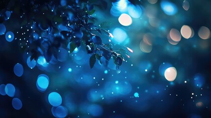 Poster - Glowing Bokeh Background with Delicate Leaves and Subtle Light Effects in Shades of Blue and Soft Green for Artistic and Nature-Inspired Designs
