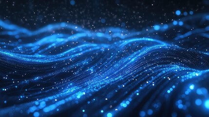 Poster - Captivating Abstract Background of Glowing Blue Waves with Sparkling Particles Creating a Magical and Dreamy Atmosphere for Various Creative Projects