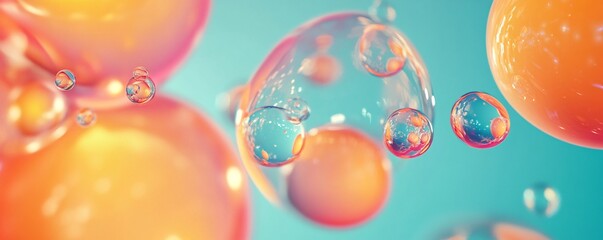 Aufkleber - 3d rendering of translucent spheres with reflections of orange spheres floating on a teal backdrop