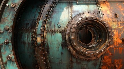 Poster - Close up of an old industrial machine part showing rivets, rust, and corrosion
