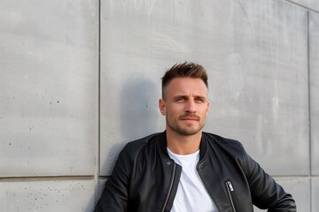 Poster - A stylish young man with a confident pose, standing against a neutral gray concrete wall, wearing a black leather jacket over a plain t-shirt, short textured haircut and stubble