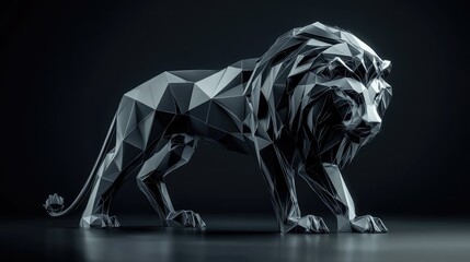 Poster - Black and Silver Low-Poly Lion Sculpture in a Dramatic Light Setting with a Dark Background, Emphasizing the Geometric Shapes and Artistic Style