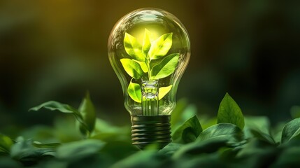 Poster - Concept of eco-friendly energy represented by a glowing light bulb with green leaves inside, symbolizing sustainability and nature's harmony with technology in a verdant backdrop.