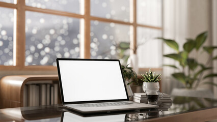 Canvas Print - a laptop placed on a desk in a cozy room with a window overlooking a snowy winter view.