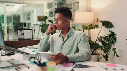 Poster - Man, tablet and thinking with documents at startup with stress, decision and problem solving with graphs. Person, touchscreen and social media manager with laptop for solution at creative agency