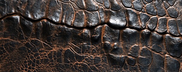 Poster - Close-up of a horizontal crack in textured brown crocodile leather, creating a rugged surface