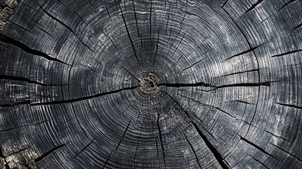 Aufkleber - Ancient tree trunk displaying concentric growth rings and cracks with a dark, weathered appearance