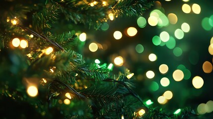 Poster - Beautiful close-up of festive holiday lights on a lush green Christmas tree, creating a magical and enchanting atmosphere with sparkling bokeh effect and vibrant colors.