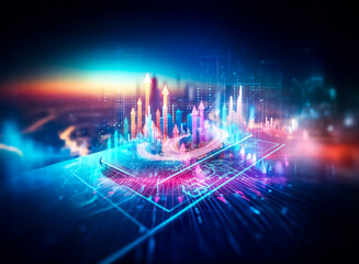 Poster - A futuristic city miniature sits on a smartphone, displayed against a vibrant cityscape backdrop at sunset.  The scene evokes technological advancement and urban planning.