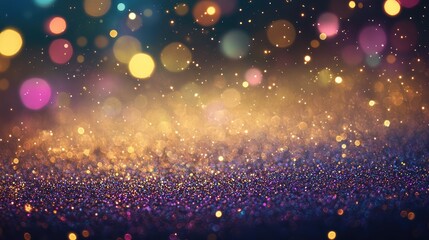 Poster - Colorful bokeh background with sparkling glitter particles creating a dreamy atmosphere ideal for festive celebrations, holiday events, or creative design projects.