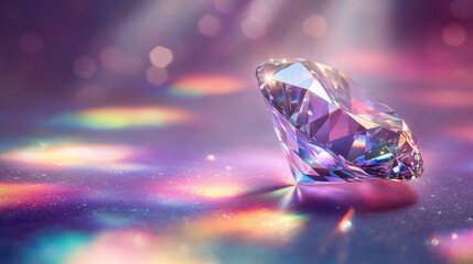 Poster - A Stunning Iridescent Diamond Gemstone Reflecting Colorful Light on a Soft Background with Sparkling Bokeh Effect, Creating a Dreamy and Elegant Atmosphere