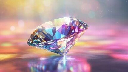 Poster - Stunning Close-Up of a Brilliant Cut Diamond Glimmering in Soft Light with Colorful Reflections and a Dreamy Bokeh Background, Perfect for Luxury and Elegance Themes