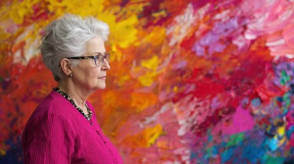 Wall Mural - Senior Woman in Profile Against Vibrant Abstract Colorful Background