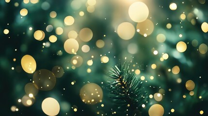 Poster - Softly Glowing Golden Bokeh Lights with Green Background and a Pine Needle, Perfect for Festive Holiday Themes and Warm Seasonal Celebrations in Stock Photography