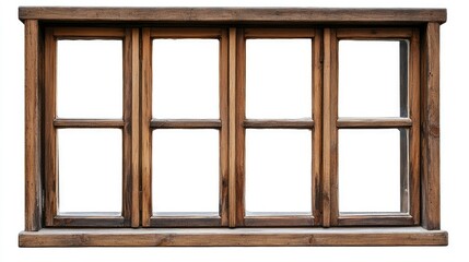 Poster - Rustic Wooden Window Frame Isolated on White Background, Highlighting Natural Grain and Distressed Texture in a Classic Architecture Style for Modern Designs