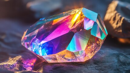 Poster - Stunning Colorful Crystal on Stone Surface Capturing Light Refractions in an Artistic Display of Nature's Beauty and Geometric Excellence