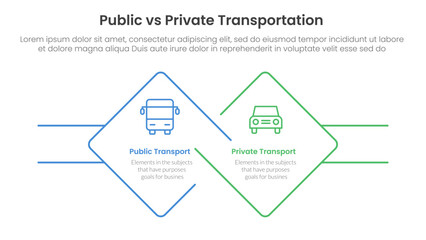 Wall Mural - public transport vs personal vehicle comparison concept for infographic template banner with diamond outline shape and rectangle with two point list information