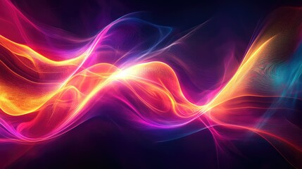 Poster - Vibrant Abstract Light Waves Displaying Dynamic Colors of Pink, Orange, Purple, and Blue Against a Dark Background for Creative and Artistic Projects