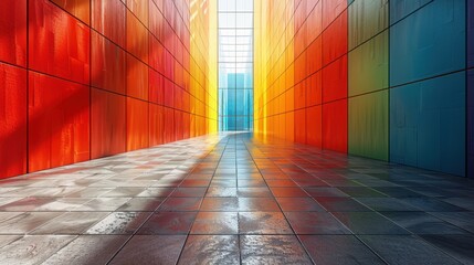 Poster - Vibrant colorful corridor with red, orange, and blue walls in modern architecture