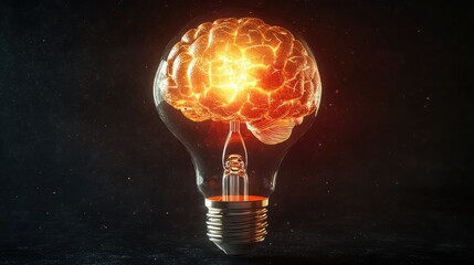 Poster - Unique Concept of a Brain Inside a Light Bulb Representing Ideas, Creativity, Innovation, and Bright Thinking on a Dark Background