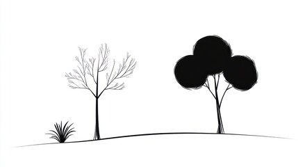 Bare and lush trees, grass, hill, simple nature illustration, website design