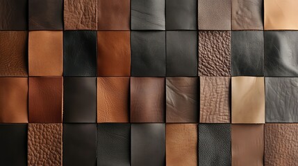 Poster - Collection of assorted leather swatches arranged in a grid pattern showcasing various textures and colors ideal for fashion, upholstery, or design projects