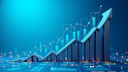 Displays growth graphs and analyzes financial data for strategic business planning and investment progress on a blue background.