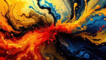 Poster - Colorful abstract fluid art with vibrant yellow, red, and blue splashes