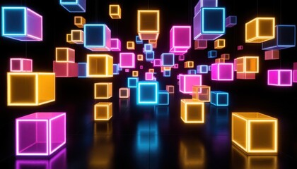 Poster - Colorful neon cubes in motion against dark background