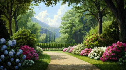 Wall Mural - Serene Garden Pathway Surrounded by Colorful Blossoming Flowers