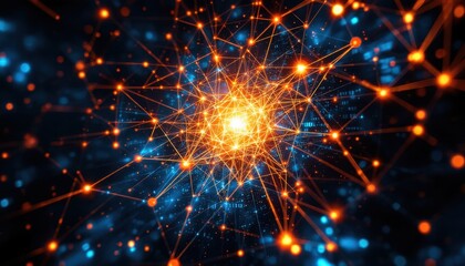 Poster - Abstract network of glowing orange and blue nodes and connections in dark space