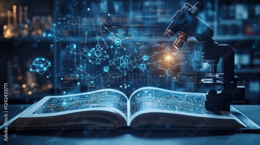 Futuristic scientific innovation concept with an open book. The pages ...