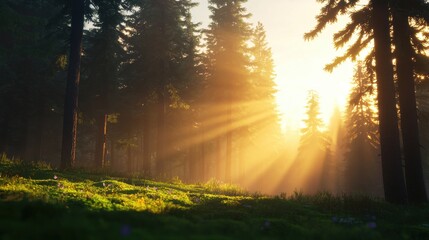 Poster - Morning Sunlight Breaking Through Tall Trees in Serene Forest