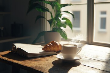 Wall Mural - Warm Coffee and Croissant with Open Book Near Window Light