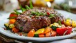 © Beer AI - Elegant close-up of grilled beef with a medley of vegetables on a white plate
