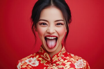 A Chinese woman, with an open mouth and tongue sticking out, wearing a Chinese cheongsam. The expression is exaggerated, with a soft red background 